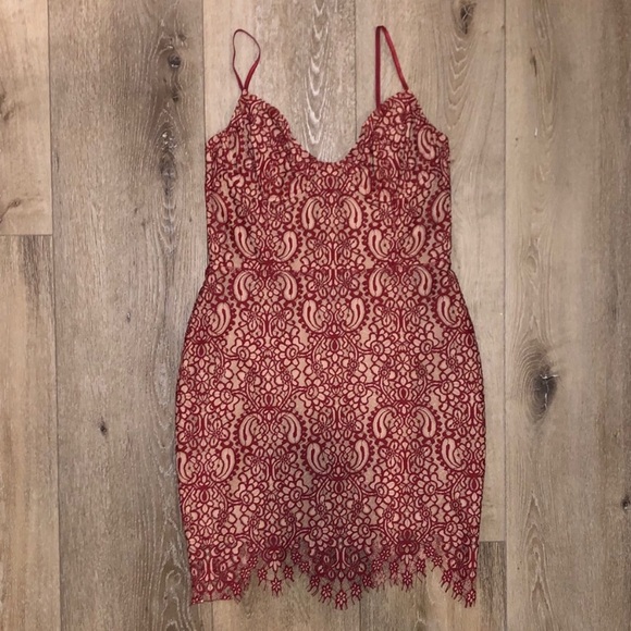 For Love and Lemons Red Lace Cutout Nude Lined Dress Size Large For Love and Lemons Red Lace Cutout Nude Lined Dress Size Large